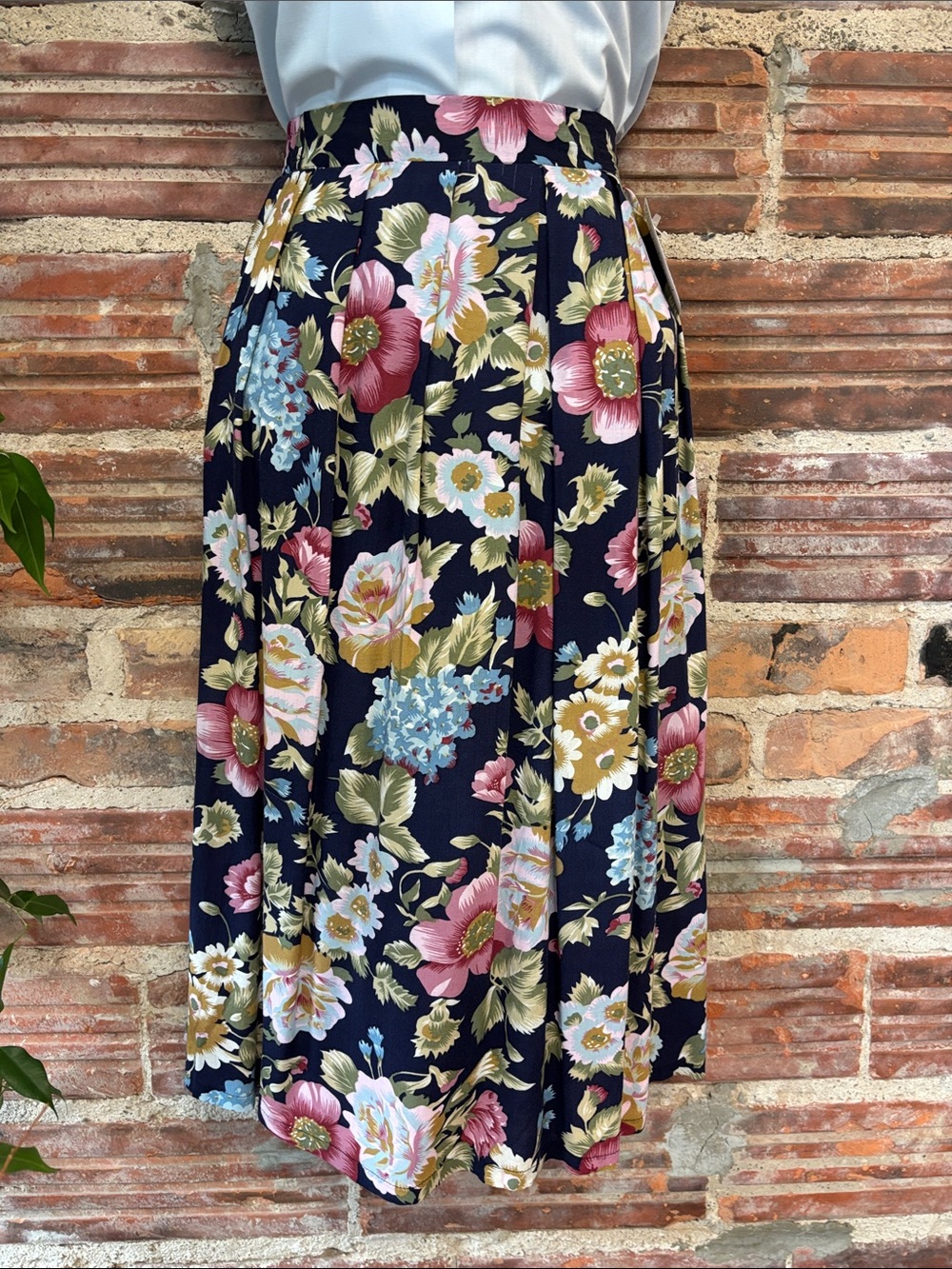 Vintage Navy Floral Midi Skirt with Pink and Cream Blooms